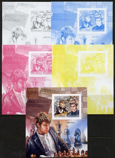 Togo 2012 Chess Players - Maxime Vachier-Lagrave & Magnus Carlsen m/sheet sheet - the set of 5 imperf progressive proofs comprising the 4 individual colours plus all 4-colour composite, unmounted mint , stamps on , stamps on  stamps on personalities, stamps on  stamps on chess, stamps on  stamps on 