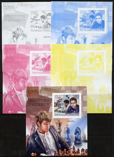 Togo 2012 Chess Players - Parimarjan Negi & Magnus Carlsen m/sheet sheet - the set of 5 imperf progressive proofs comprising the 4 individual colours plus all 4-colour co..., stamps on personalities, stamps on chess, stamps on 