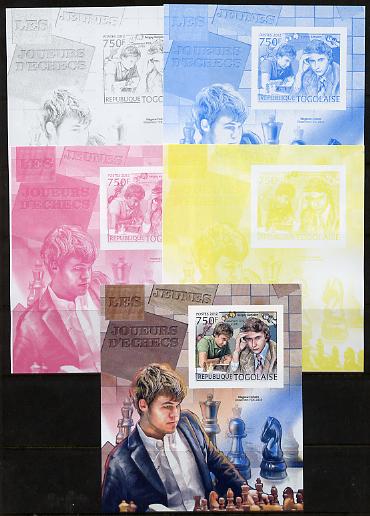 Togo 2012 Chess Players - Sergey Karjakin & Magnus Carlsen m/sheet sheet - the set of 5 imperf progressive proofs comprising the 4 individual colours plus all 4-colour co..., stamps on personalities, stamps on chess, stamps on 