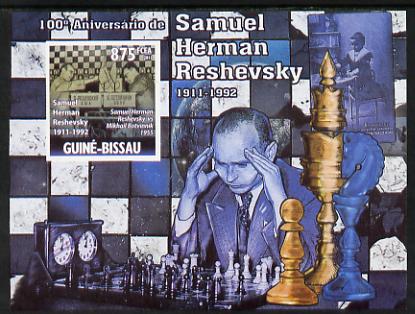 Guinea - Bissau 2011 Chess - Birth Centenary of Samuel Herman Reshevsky #1 imperf m/sheet unmounted mint. Note this item is privately produced and is offered purely on it..., stamps on personalities, stamps on chess, stamps on clocks