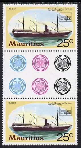 Mauritius 1980 'London 1980' 25c Mail Ship in unmounted mint gutter pair with wmk sideways inverted (SG 592Ei), stamps on , stamps on  stamps on ships, stamps on  stamps on postal