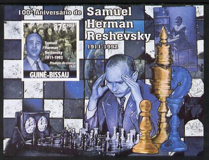 Guinea - Bissau 2011 Chess - Birth Centenary of Samuel Herman Reshevsky #4 imperf m/sheet unmounted mint. Note this item is privately produced and is offered purely on it..., stamps on personalities, stamps on chess, stamps on clocks