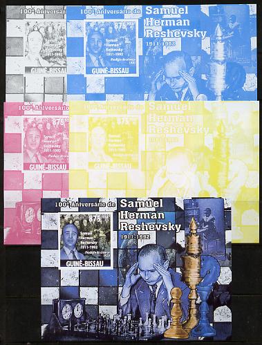 Guinea - Bissau 2011 Chess - Birth Centenary of Samuel Herman Reshevsky #4 m/sheet sheet - the set of 5 imperf progressive proofs comprising the 4 individual colours plus all 4-colour composite, unmounted mint , stamps on , stamps on  stamps on personalities, stamps on  stamps on chess, stamps on  stamps on clocks