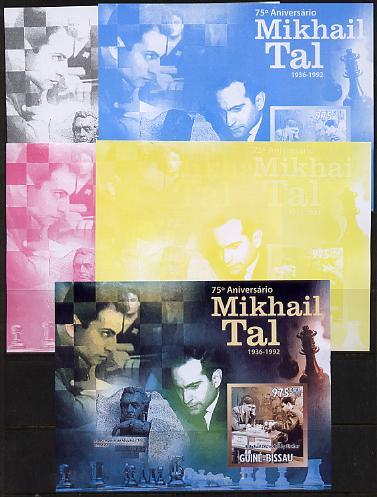 Guinea - Bissau 2011 Chess - 75th Birth Anniversary of Mikhail Tal #2 m/sheet sheet - the set of 5 imperf progressive proofs comprising the 4 individual colours plus all 4-colour composite, unmounted mint , stamps on personalities, stamps on chess, stamps on 