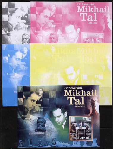 Guinea - Bissau 2011 Chess - 75th Birth Anniversary of Mikhail Tal #4 m/sheet sheet - the set of 5 imperf progressive proofs comprising the 4 individual colours plus all 4-colour composite, unmounted mint , stamps on , stamps on  stamps on personalities, stamps on  stamps on chess, stamps on  stamps on 