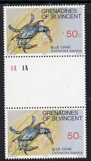 St Vincent - Grenadines 1977 Crab 50c unmounted mint gutter pair with wmk sideways inverted (SG 98w), stamps on crabs   marine-life