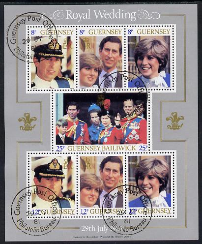 Guernsey 1981 Royal Wedding perf sheetlet containing set of 7 values fine cds used, SG MS 239, stamps on royalty, stamps on diana