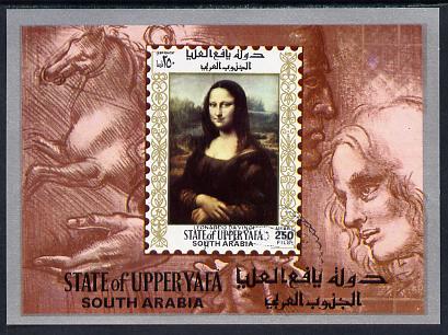 Aden - Upper Yafa 1967 Paintings from the Louvre 550f imperf m/sheet (Mona Lisa by Leonardo d Vinci) fine cto used Mi BL 5, stamps on , stamps on  stamps on arts, stamps on  stamps on leonardo, stamps on  stamps on 