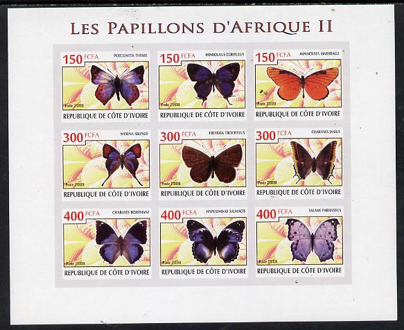 Ivory Coast 2009 Butterflies of Africa #2 imperf sheetlet containing 9 values unmounted mint, stamps on butterflies