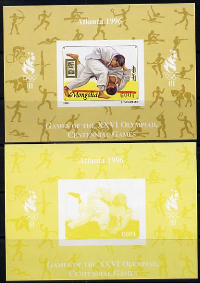 Mongolia 1996 Atlanta Olympics 600t (Judo) proof m/sheet in yellow only plus 4-colour composite both imperforate and unmounted mint, as SG 2557b, stamps on , stamps on  stamps on sports, stamps on  stamps on judo, stamps on  stamps on olympics, stamps on  stamps on martial arts