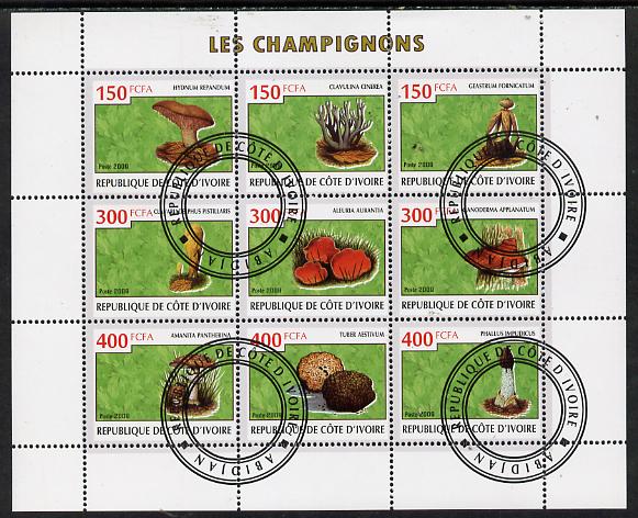 Ivory Coast 2009 Mushrooms perf sheetlet containing 9 values fine cto used, stamps on , stamps on  stamps on fungi