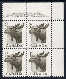 Canada 1953 Wildlife Week 3c Elk corner plate No.1 block of 4 unmounted mint, SG 448, stamps on animals, stamps on deer, stamps on 