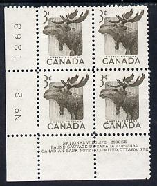 Canada 1953 Wildlife Week 3c Elk corner plate No.2 block of 4 unmounted mint, SG 448, stamps on animals, stamps on deer, stamps on 