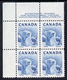 Canada 1953 Wildlife Week 2c Polar Bear corner plate No.2 block of 4 unmounted mint, SG 447, stamps on , stamps on  stamps on animals, stamps on  stamps on bears, stamps on  stamps on polar bear