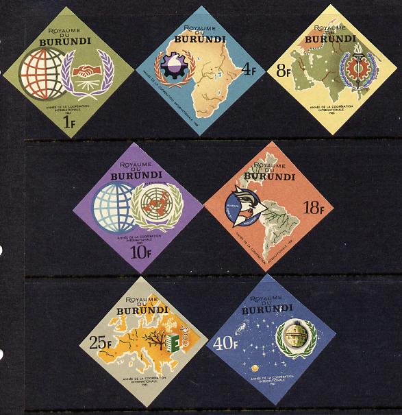 Burundi 1965 International Co-operation Year imperf diamond-shaped set of 7 unmounted mint, as SG 182-88, stamps on , stamps on  stamps on maps, stamps on  stamps on science, stamps on  stamps on space, stamps on  stamps on communications, stamps on  stamps on  icy , stamps on  stamps on united nations, stamps on  stamps on shaped