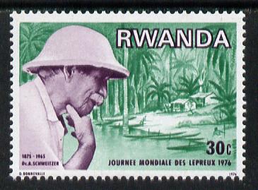 Rwanda 1976 Albert Schweitzer in pith helment 30c from World Leprosy set unmounted mint, SG 720*, stamps on personalities, stamps on schweitzer, stamps on diseases, stamps on medical