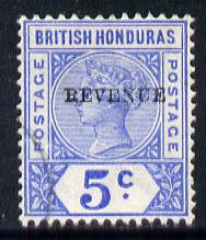 British Honduras 1899 Revenue 5c ultramarine showing BEVENUE flaw, used SG 66a, stamps on 