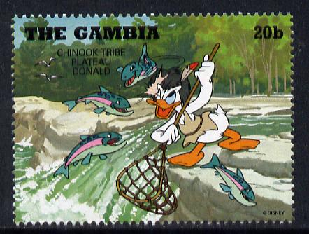 Gambia 1995 Donald Duck dressed as indian from Chinook Tribe 20b from Cowboys & Indians set unmounted mint, SG 2158, stamps on disney, stamps on americana, stamps on fish, stamps on fishing