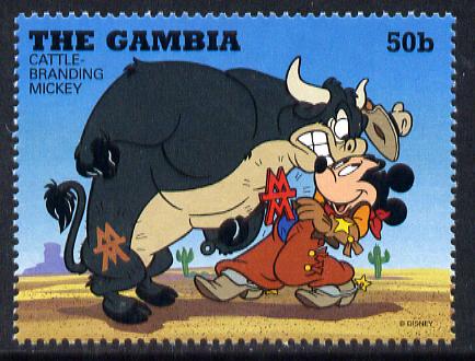Gambia 1995 Mickey Mouse cattle branding 50b from Cowboys & Indians set unmounted mint, SG 2162, stamps on disney, stamps on americana, stamps on cows, stamps on bovine