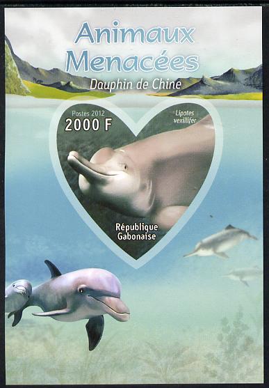 Gabon 2012 Endangered Species - China Dolphin imperf souvenir sheet containing heart-shaped stamp unmounted mint, stamps on animals, stamps on  wwf , stamps on shaped, stamps on dolphins, stamps on marine life