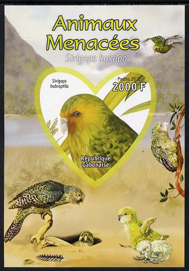 Gabon 2012 Endangered Species - Owl Parrot imperf souvenir sheet containing heart-shaped stamp unmounted mint, stamps on , stamps on  stamps on animals, stamps on  stamps on  wwf , stamps on  stamps on shaped, stamps on  stamps on birds, stamps on  stamps on parrots