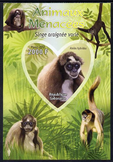 Gabon 2012 Endangered Species - Brown Spider Monkey imperf souvenir sheet containing heart-shaped stamp unmounted mint, stamps on , stamps on  stamps on animals, stamps on  stamps on  wwf , stamps on  stamps on shaped, stamps on  stamps on monkeys, stamps on  stamps on apes