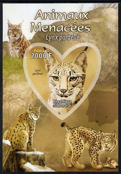 Gabon 2012 Endangered Species - Iberian Lynx imperf souvenir sheet containing heart-shaped stamp unmounted mint, stamps on , stamps on  stamps on animals, stamps on  stamps on  wwf , stamps on  stamps on shaped, stamps on  stamps on cats, stamps on  stamps on lynx