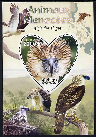 Gabon 2012 Endangered Species - Philippine Eagle perf souvenir sheet containing heart-shaped stamp unmounted mint, stamps on , stamps on  stamps on animals, stamps on  stamps on  wwf , stamps on  stamps on shaped, stamps on  stamps on birds, stamps on  stamps on eagles, stamps on  stamps on birds of prey