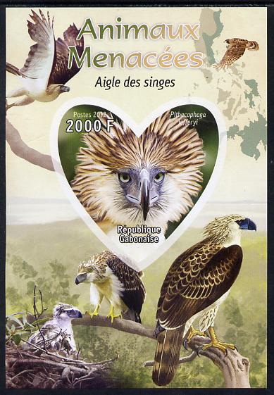 Gabon 2012 Endangered Species - Philippine Eagle imperf souvenir sheet containing heart-shaped stamp unmounted mint, stamps on , stamps on  stamps on animals, stamps on  stamps on  wwf , stamps on  stamps on shaped, stamps on  stamps on birds, stamps on  stamps on eagles, stamps on  stamps on birds of prey