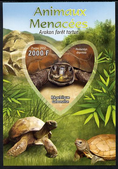 Gabon 2012 Endangered Species - Arakan Forest Turtle imperf souvenir sheet containing heart-shaped stamp unmounted mint, stamps on , stamps on  stamps on animals, stamps on  stamps on  wwf , stamps on  stamps on shaped, stamps on  stamps on reptiles, stamps on  stamps on turtles