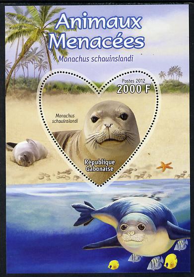 Gabon 2012 Endangered Species - Hawaiian Monk Seal perf souvenir sheet containing heart-shaped stamp unmounted mint, stamps on animals, stamps on  wwf , stamps on shaped, stamps on seals, stamps on marine life