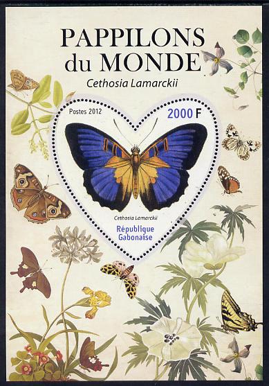 Gabon 2012 Butterflies of the World #1 - Cethosia lamarckii perf souvenir sheet containing heart-shaped stamp unmounted mint, stamps on butterflies, stamps on shaped, stamps on 