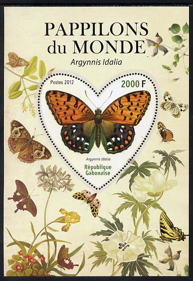 Gabon 2012 Butterflies of the World #4 - Argynnis idalia perf souvenir sheet containing heart-shaped stamp unmounted mint, stamps on butterflies, stamps on shaped, stamps on 