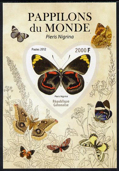 Gabon 2012 Butterflies of the World #5 - Pieris nigrina imperf souvenir sheet containing heart-shaped stamp unmounted mint, stamps on , stamps on  stamps on butterflies, stamps on  stamps on shaped, stamps on  stamps on 