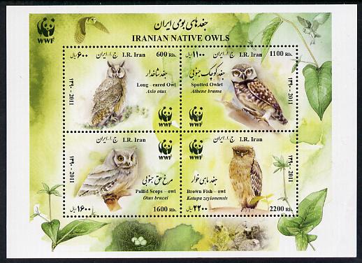 Iran 2011 WWF - Owls perf m/sheet containing set of 4 unmounted mint , stamps on , stamps on  stamps on , stamps on  stamps on  wwf , stamps on  stamps on birds, stamps on  stamps on birds oif prey, stamps on  stamps on owls