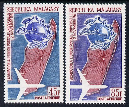 Malagasy Republic 1963 Second Anniversary of Admission to UPU set of 2 unmounted mint, SG 69-70, stamps on , stamps on  stamps on , stamps on  stamps on  upu , stamps on  stamps on maps