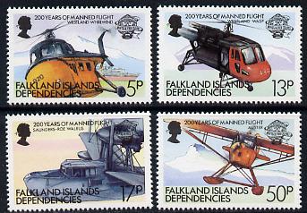 Falkland Islands 1983 Bicentenary of Manned Flight perf set of 4 unmounted mint SG 463-6, stamps on aviation, stamps on flying boats, stamps on helicopters