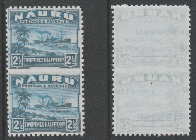 Nauru 1924-48 Century 2.5d dull blue vertical pair imperf between,  'Maryland' forgery on gummed paper, as SG 308a - the word Forgery is either handstamped or printed on the back and comes on a presentation card with descriptive notes, stamps on , stamps on  stamps on maryland, stamps on  stamps on forgery, stamps on  stamps on forgeries, stamps on  stamps on  kg5 , stamps on  stamps on ships