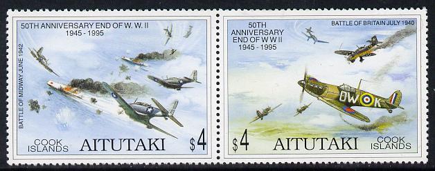 Cook Islands - Aitutaki 1995 50th Anniversary of End of Second World War se-tenant pair unmounted mint SG 686a, stamps on , stamps on  stamps on aviation, stamps on  stamps on ships, stamps on  stamps on  ww2 , stamps on  stamps on 