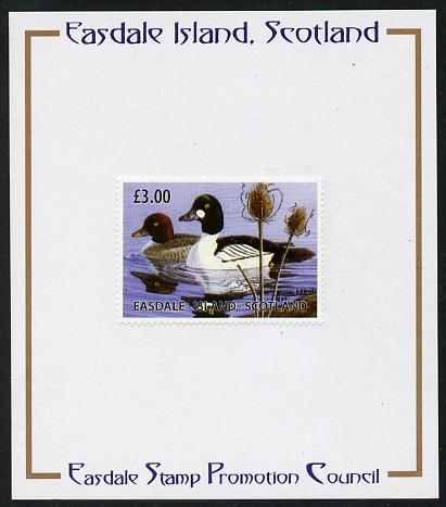 Easdale 2004 Conservation - Golden-Eye Duck Â£3 mounted on Publicity proof card issued by the Easdale Stamp Promotion Council , stamps on birds, stamps on ducks