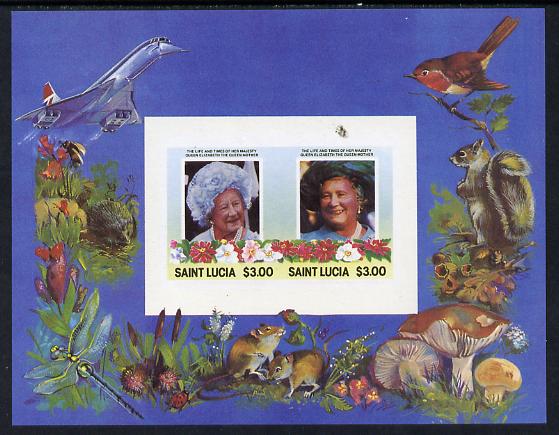 St Lucia 1985 Life & Times of HM Queen Mother m/sheet containing 2 x $3 values (depicts Concorde, Fungi, Butterflies, Birds & Animals) imperforate with silver (inscriptions) omitted, unmounted mint and only recently discovered, stamps on , stamps on  stamps on animals, stamps on  stamps on aviation, stamps on  stamps on birds, stamps on  stamps on butterflies, stamps on  stamps on fungi, stamps on  stamps on royalty, stamps on  stamps on queen mother, stamps on  stamps on concorde, stamps on  stamps on aviation