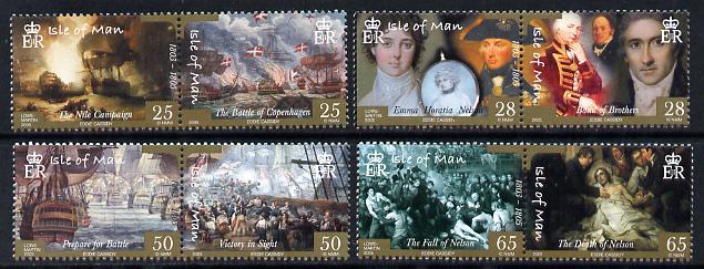 Isle of Man 2005 Bicentenary of Battle of Trafalgar perf set of 8 (4 se-tenant pairs) unmounted mint SG 1199-1206, stamps on ships, stamps on battles, stamps on nelson, stamps on victory, stamps on 