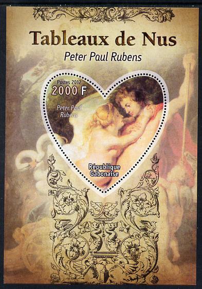Gabon 2012 Paintings of Nudes - Peter Paul Rubens perf souvenir sheet containing heart-shaped stamp unmounted mint, stamps on arts, stamps on nudes, stamps on rubens, stamps on shaped