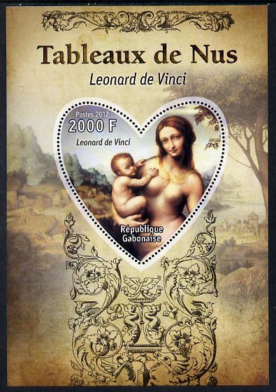 Gabon 2012 Paintings of Nudes - Leonardo da Vinci perf souvenir sheet containing heart-shaped stamp unmounted mint, stamps on , stamps on  stamps on arts, stamps on  stamps on nudes, stamps on  stamps on leonardo, stamps on  stamps on da vinci, stamps on  stamps on shaped