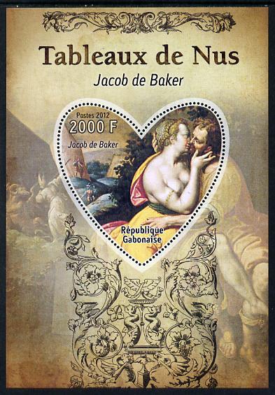 Gabon 2012 Paintings of Nudes - Jacob de Backer perf souvenir sheet containing heart-shaped stamp unmounted mint, stamps on , stamps on  stamps on arts, stamps on  stamps on nudes, stamps on  stamps on backer, stamps on  stamps on shaped, stamps on  stamps on 