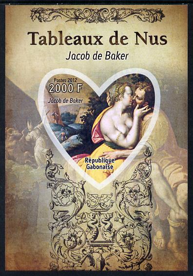 Gabon 2012 Paintings of Nudes - Jacob de Backer imperf souvenir sheet containing heart-shaped stamp unmounted mint, stamps on arts, stamps on nudes, stamps on backer, stamps on shaped