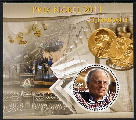 Mali 2012 Nobel Prize Winners of 2011 - Thomas J Sargent (Economics) perf souvenir sheet containing circular-shaped stamp unmounted mint, stamps on , stamps on  stamps on nobel, stamps on  stamps on shaped, stamps on  stamps on economics