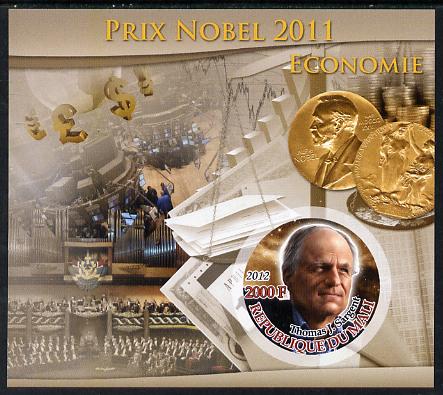 Mali 2012 Nobel Prize Winners of 2011 - Thomas J Sargent (Economics) imperf souvenir sheet containing circular-shaped stamp unmounted mint, stamps on , stamps on  stamps on nobel, stamps on  stamps on shaped, stamps on  stamps on economics