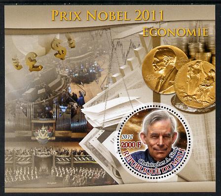 Mali 2012 Nobel Prize Winners of 2011 - Christopher A Sims (Economics) perf souvenir sheet containing circular-shaped stamp unmounted mint, stamps on nobel, stamps on shaped, stamps on economics