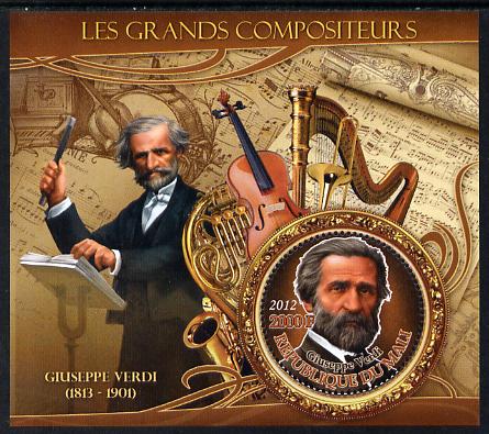 Mali 2012 The Great Composers - Giuseppe Verdi perf souvenir sheet containing circular-shaped stamp unmounted mint, stamps on , stamps on  stamps on music, stamps on  stamps on composers, stamps on  stamps on shaped, stamps on  stamps on musical instruments, stamps on  stamps on verdi